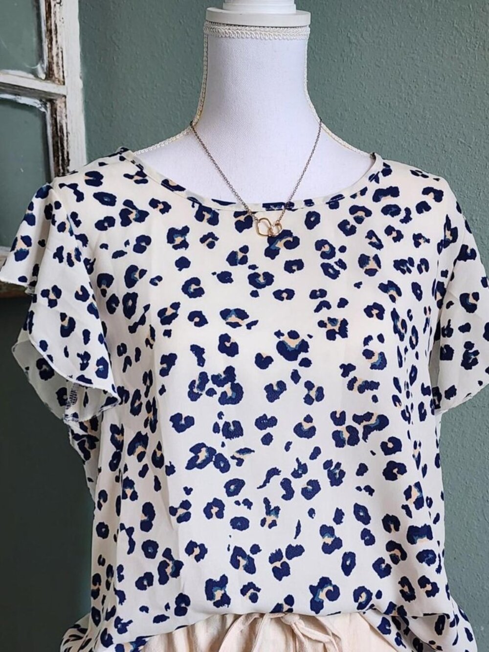 Women's White and Navy Leopard Print Ruffle Sleeve Top